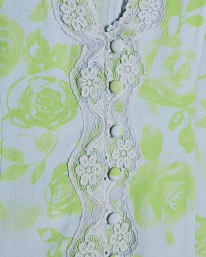 Green Short Sleeve Floral Print Mini Dress