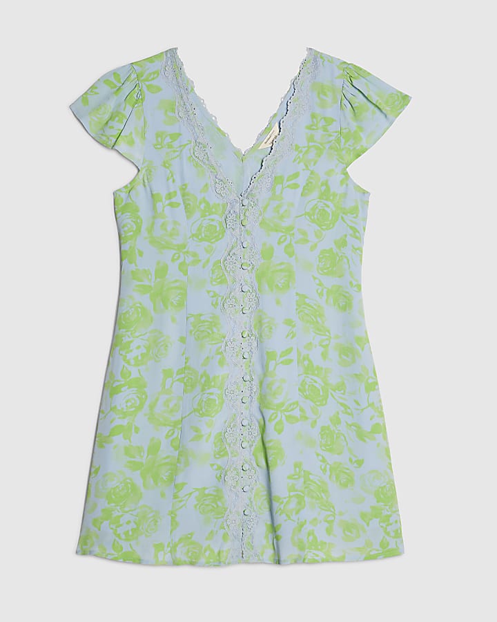 Green Short Sleeve Floral Print Mini Dress