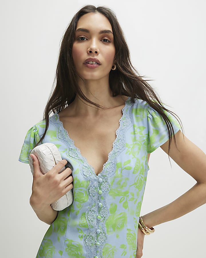 Green Short Sleeve Floral Print Mini Dress