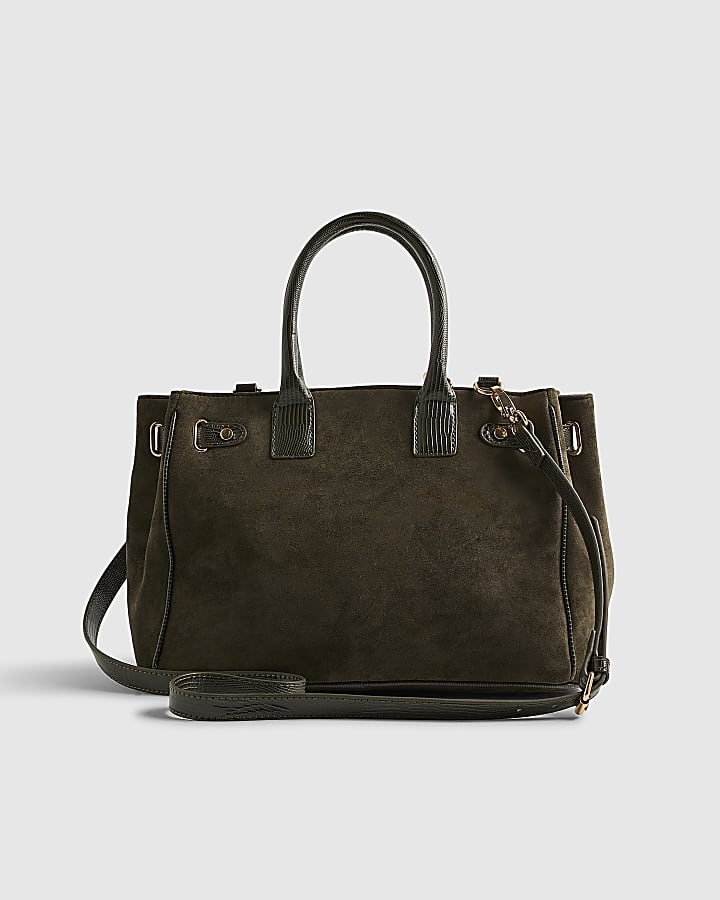 Green Faux Suede Lock Front Tote Bag
