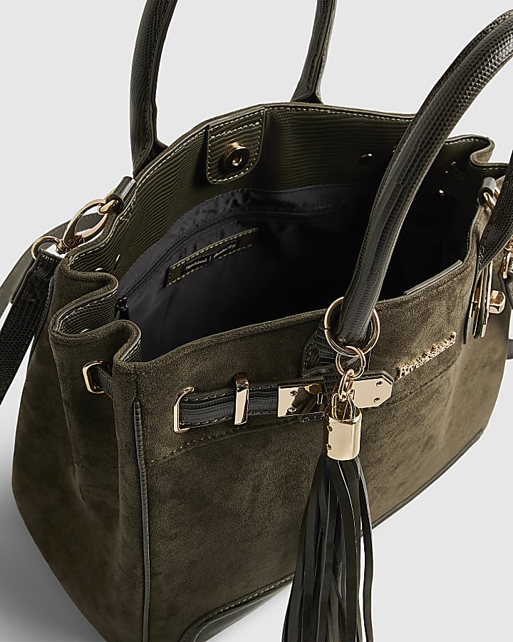 Green Faux Suede Lock Front Tote Bag
