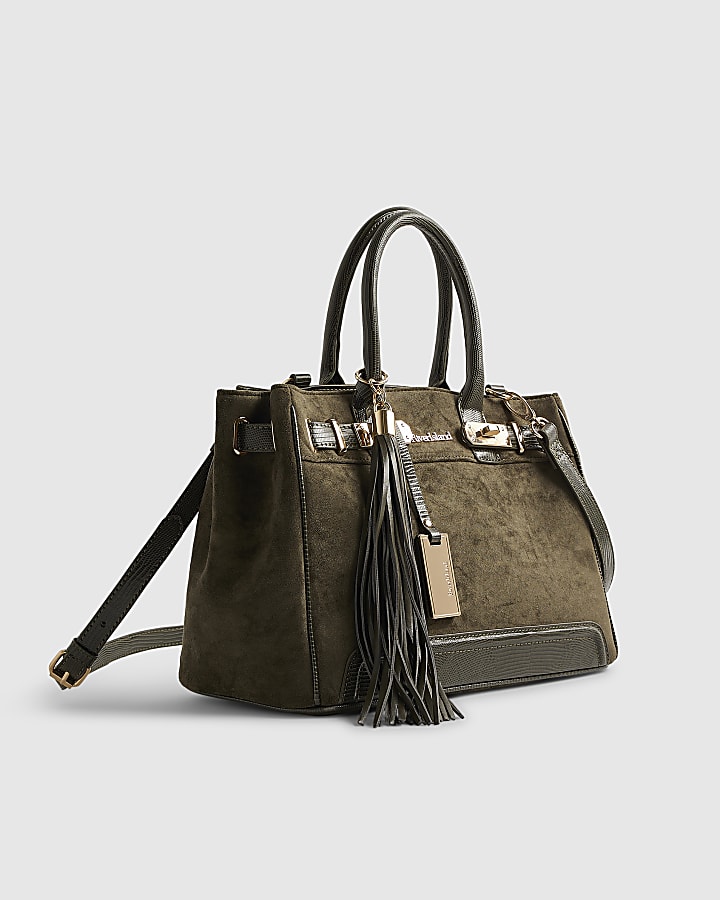 Green Faux Suede Lock Front Tote Bag