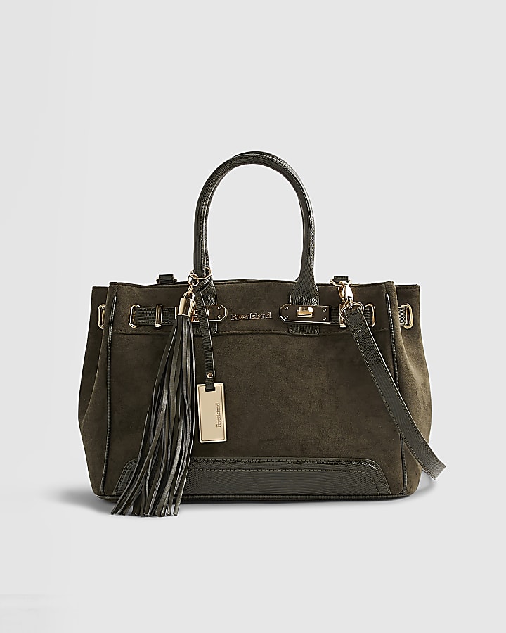 Green Faux Suede Lock Front Tote Bag