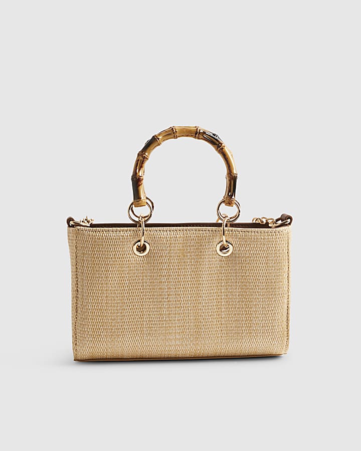 Beige Raffia Gem Flower Tote Bag