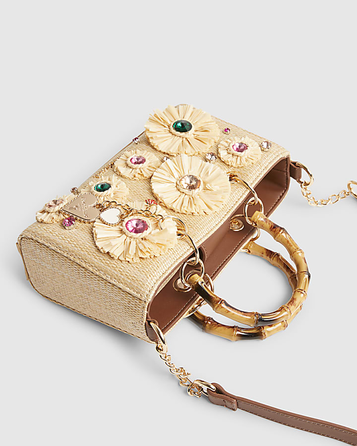 Beige Raffia Gem Flower Tote Bag