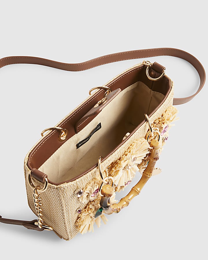 Beige Raffia Gem Flower Tote Bag
