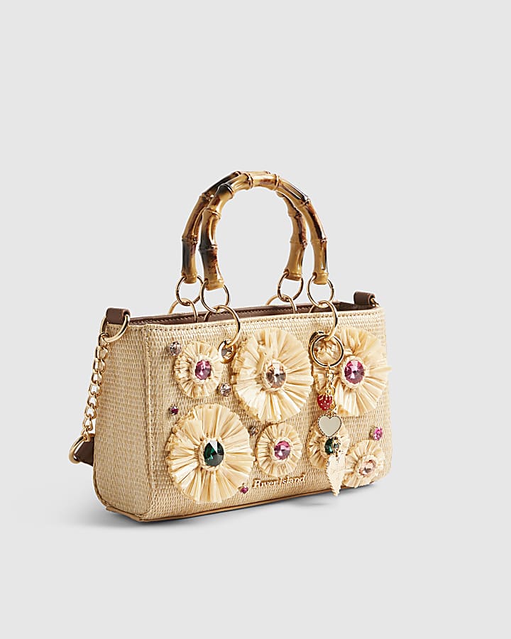 Beige Raffia Gem Flower Tote Bag