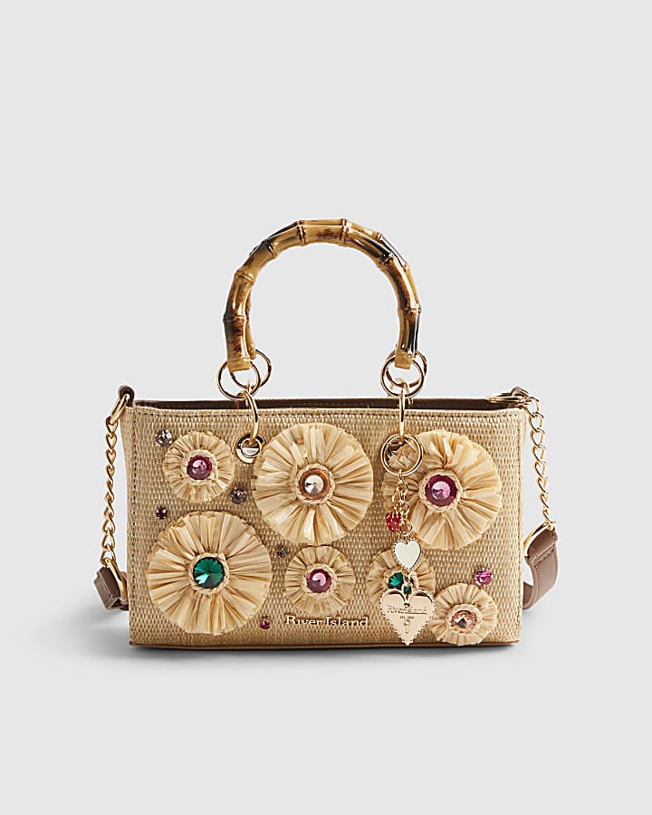 Beige Raffia Gem Flower Tote Bag