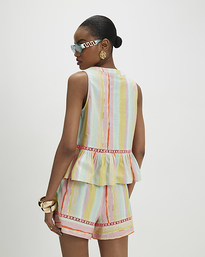 Pink Cotton Stripe Embroidered Cutwork Top