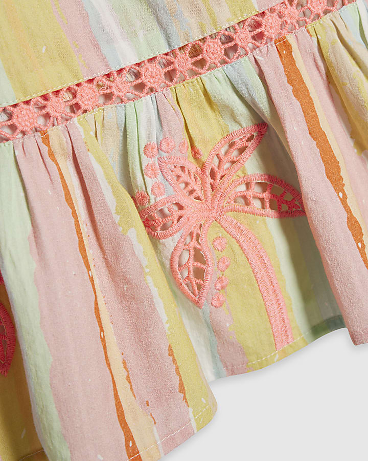 Pink Cotton Stripe Embroidered Cutwork Top