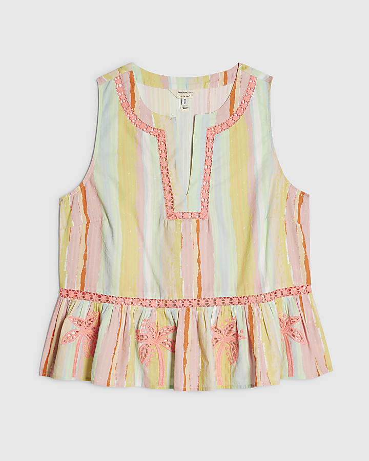 Pink Cotton Stripe Embroidered Cutwork Top