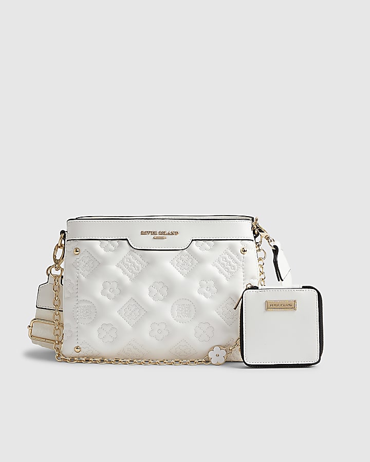 White Quilted Monogram Cross Body Bag