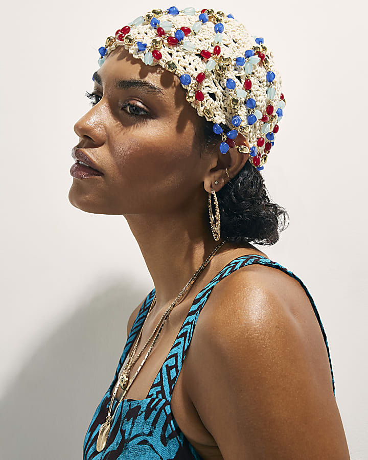 Cream Beaded Skull Cap