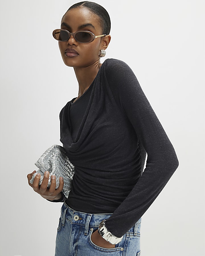 Grey Long Sleeve Drape Layered Top