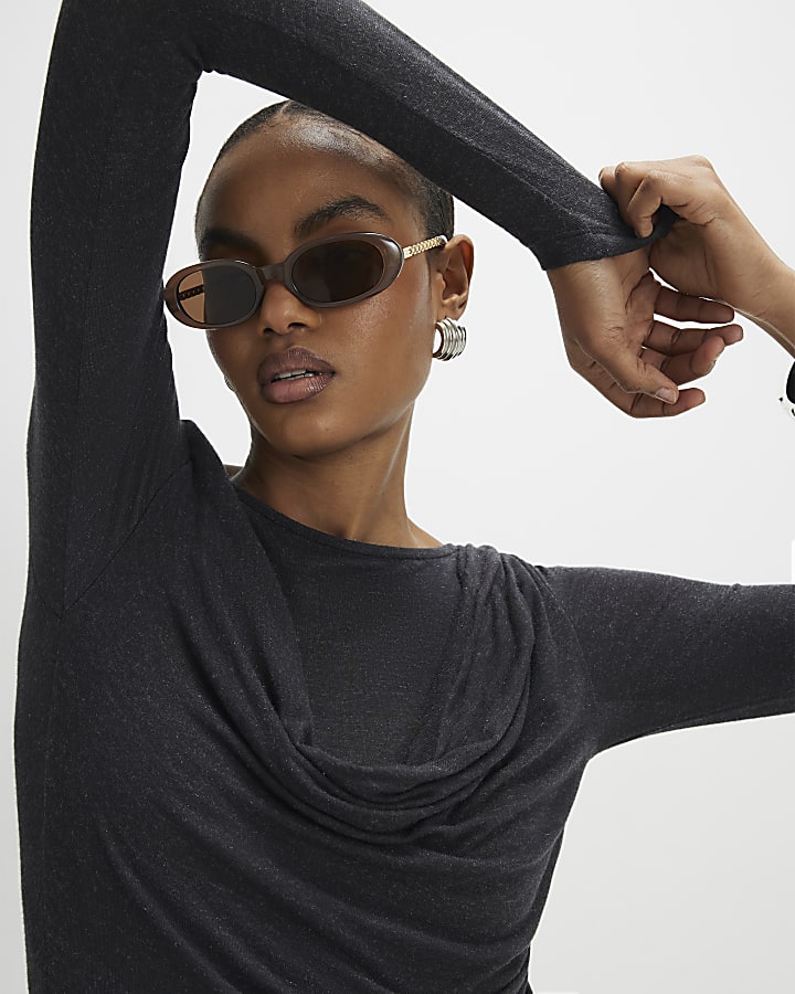 Grey Long Sleeve Drape Layered Top