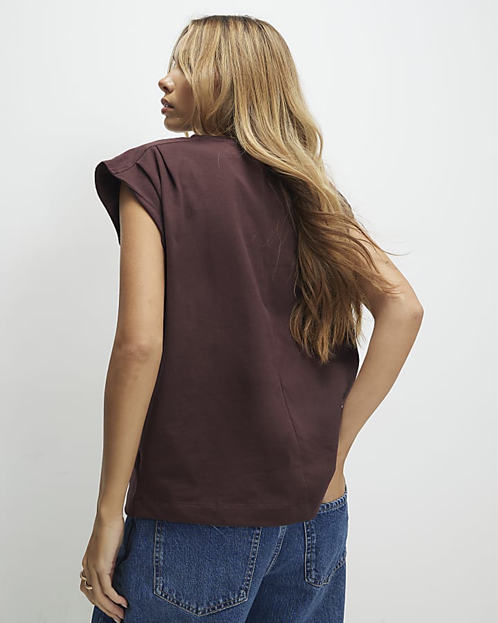 Brown Short Sleeve Pleat Shoulder T-shirt