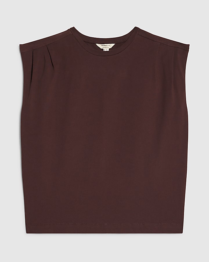 Brown Short Sleeve Pleat Shoulder T-shirt
