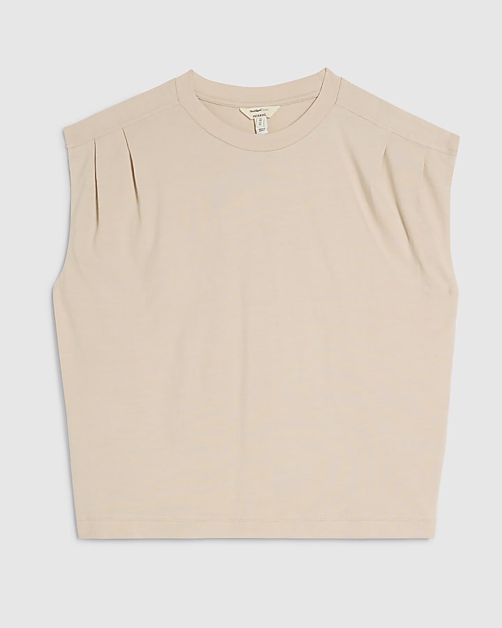 Beige Short Sleeve Pleat Shoulder T-shirt