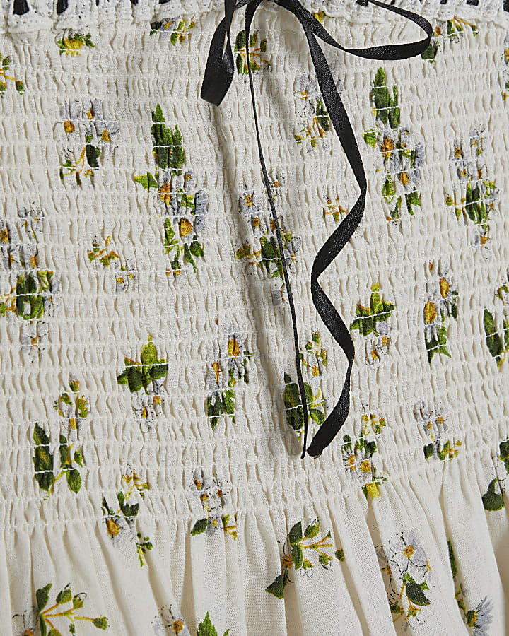 Cream Daisy Print Shirred Cami Top