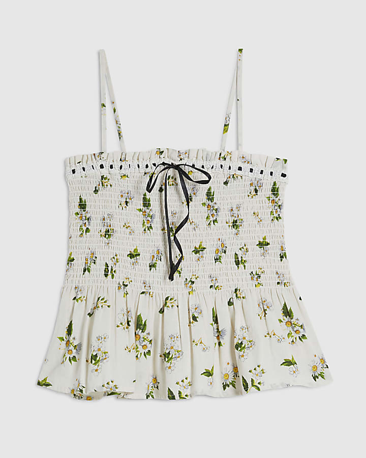 Cream Daisy Print Shirred Cami Top