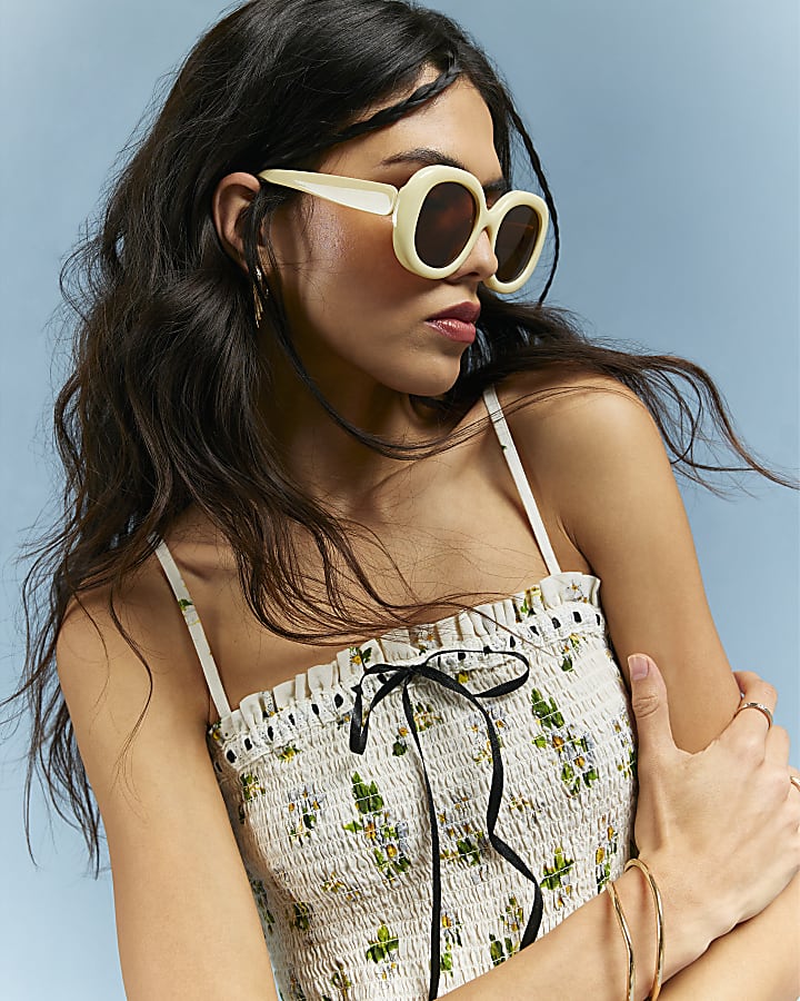 Cream Daisy Print Shirred Cami Top