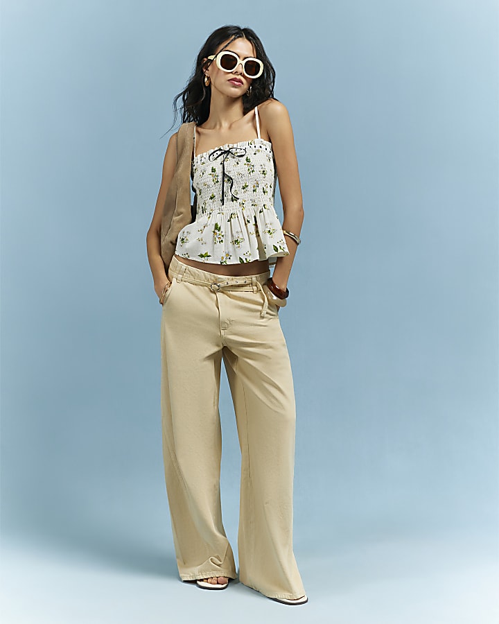 Cream Daisy Print Shirred Cami Top