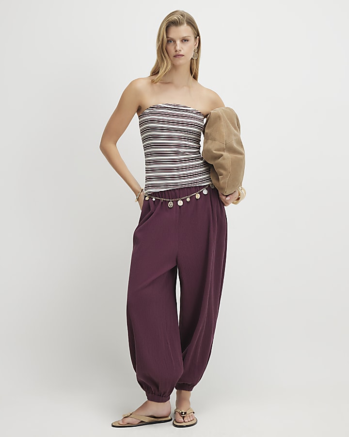 Beige Cotton Striped Bandeau Top
