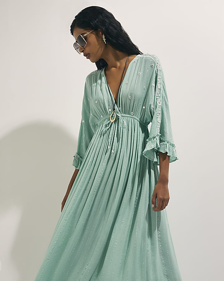 Blue Mirror Embroidered Maxi Dress