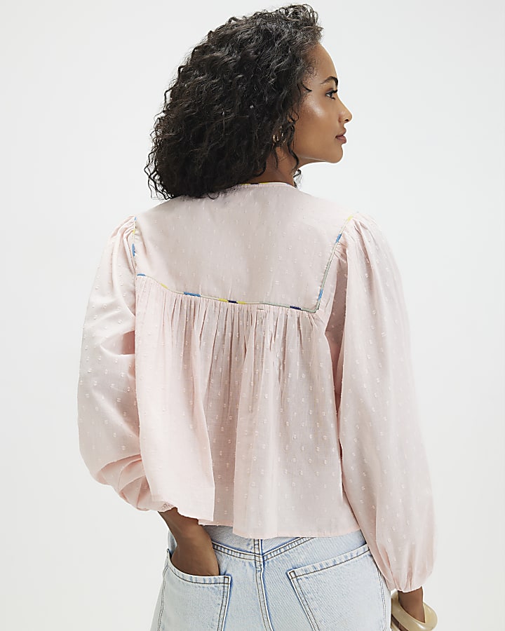 Pink Tropical Embroidered Smock Blouse