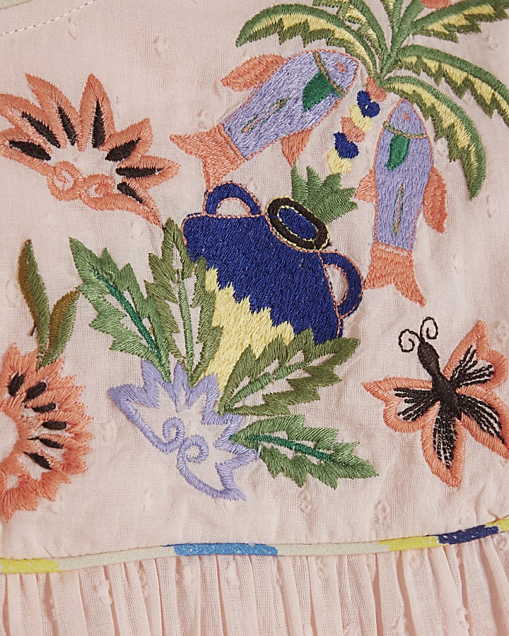 Pink Tropical Embroidered Smock Blouse