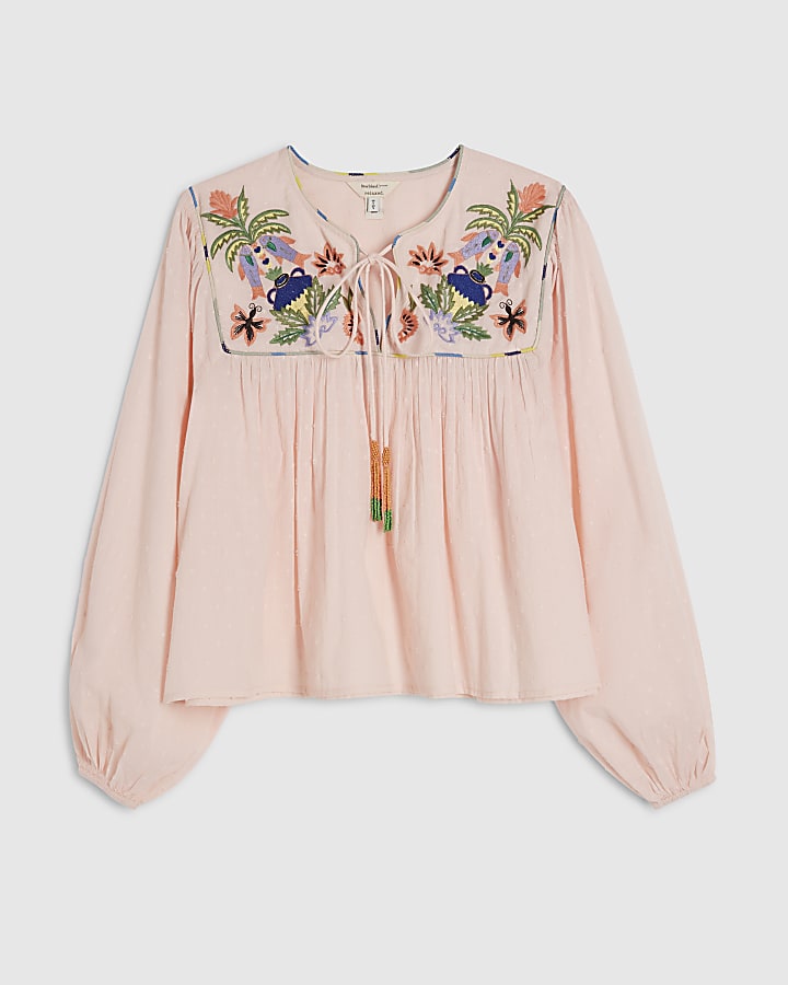 Pink Tropical Embroidered Smock Blouse