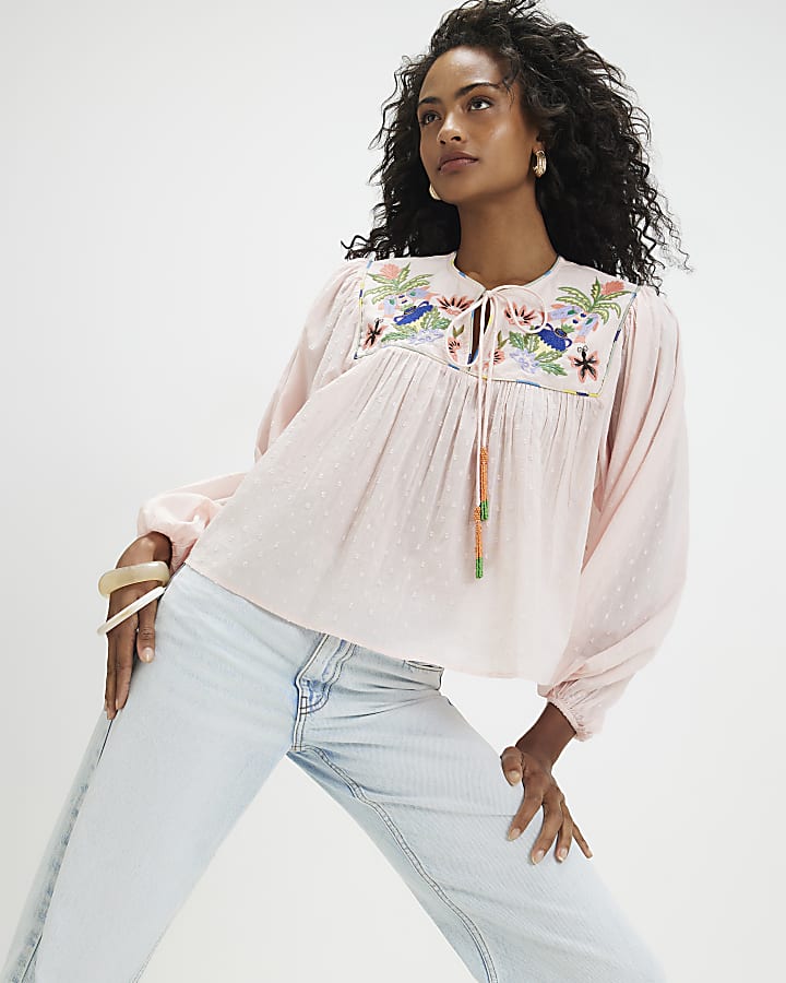 Pink Tropical Embroidered Smock Blouse