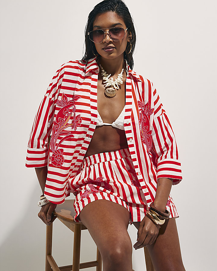 Red Stripe Beaded Shirt