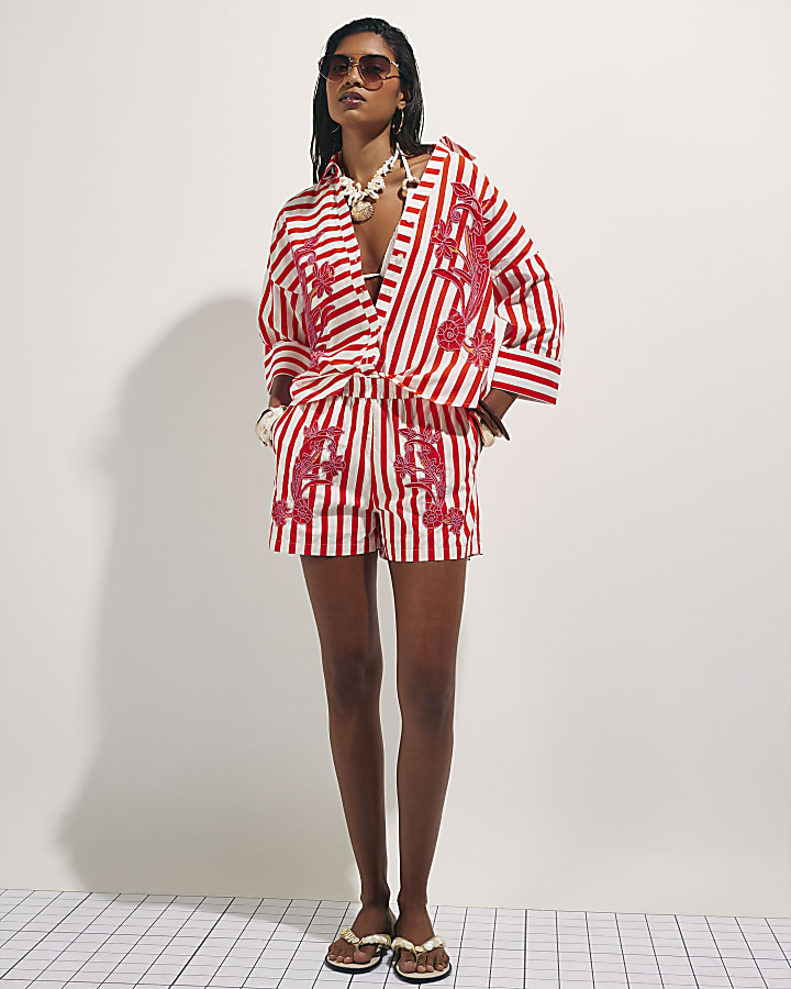 Red Stripe Beaded Shirt