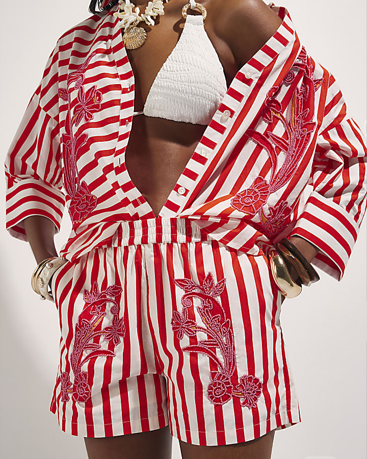 Red Stripe Beaded Shorts
