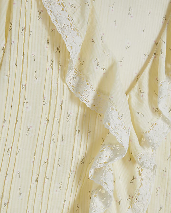 Yellow Floral Print Frill Trim Blouse