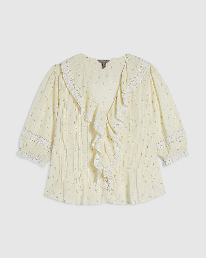 Yellow Floral Print Frill Trim Blouse
