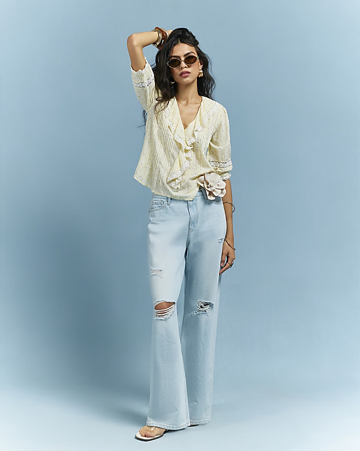 Yellow Floral Print Frill Trim Blouse