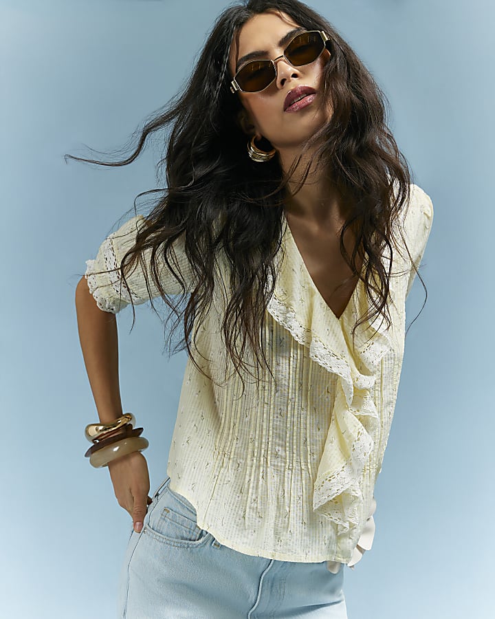Yellow Floral Print Frill Trim Blouse