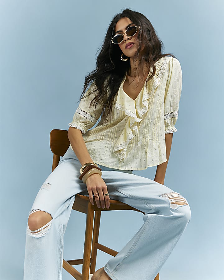 Yellow Floral Print Frill Trim Blouse