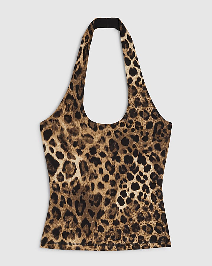 Beige Animal Print Halter Neck Tank Top