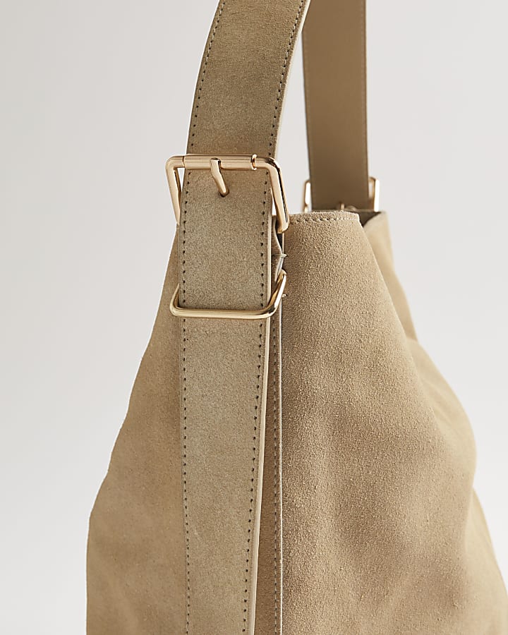 Beige Suede Buckle Shoulder Bag