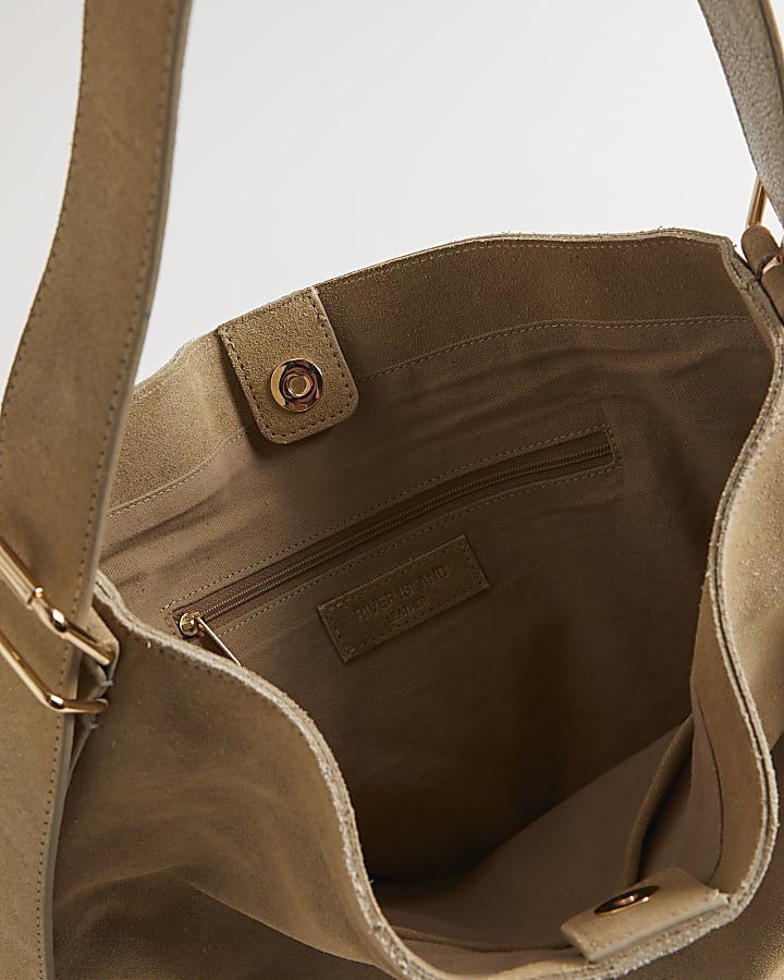 Beige Suede Buckle Shoulder Bag