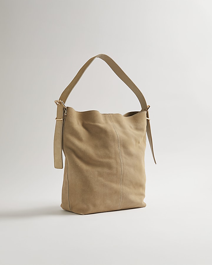 Beige Suede Buckle Shoulder Bag