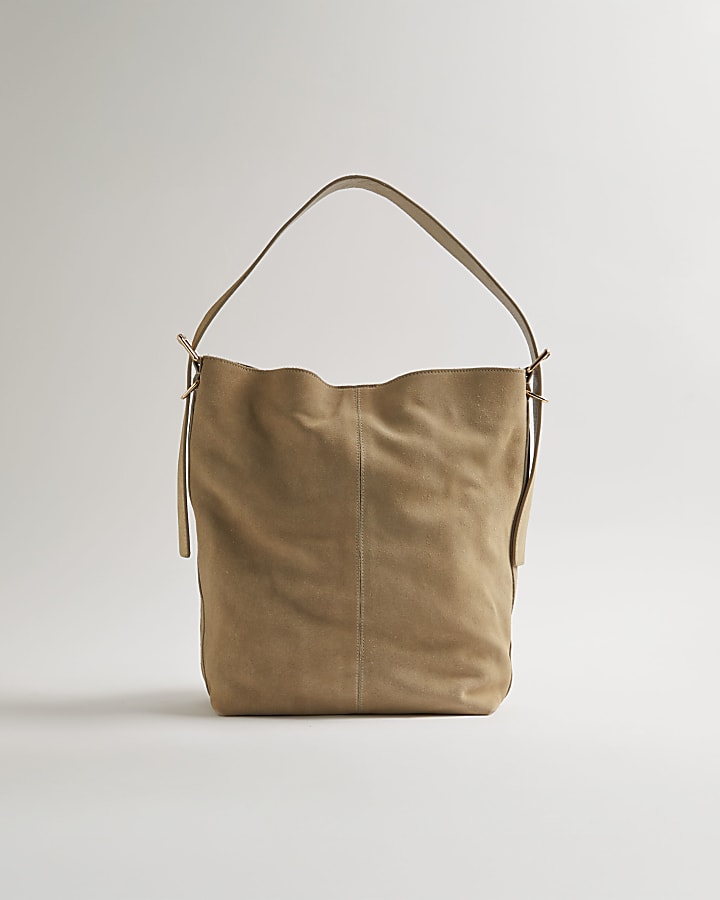 Beige Suede Buckle Shoulder Bag