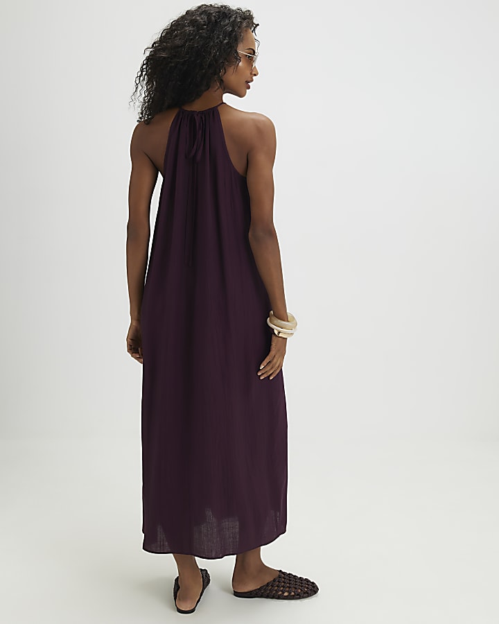 Red Textured Halter Neck Maxi Dress