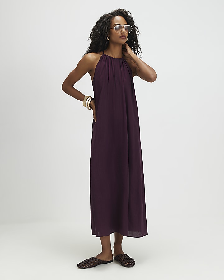 Red Textured Halter Neck Maxi Dress