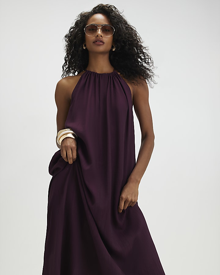 Red Textured Halter Neck Maxi Dress