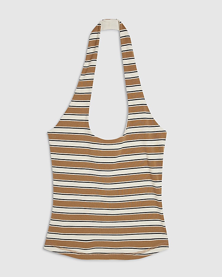 Brown Stripe Halter Neck Tank Top
