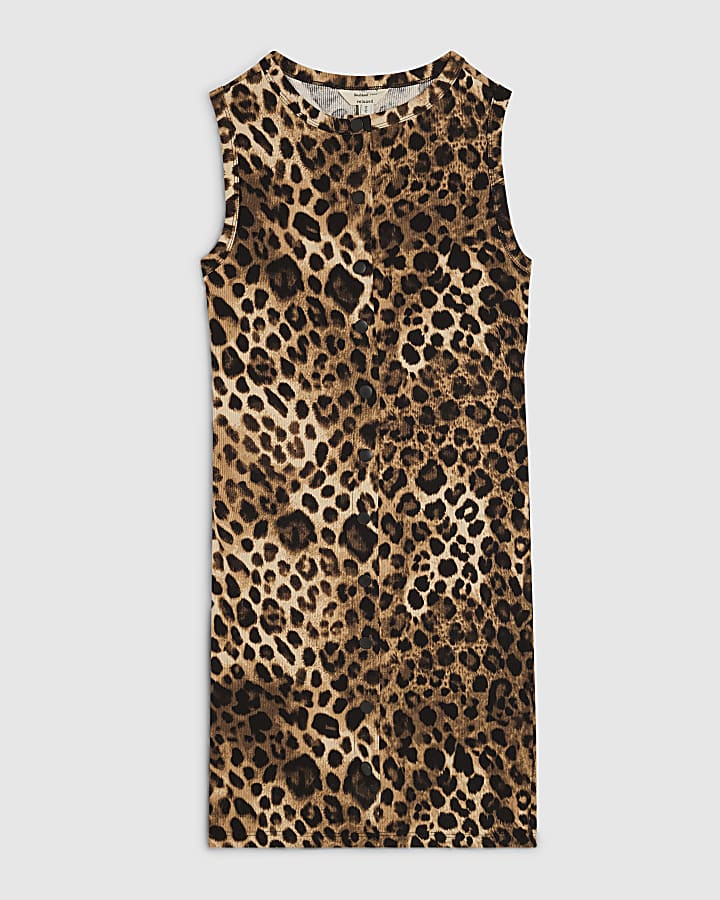 Beige Cotton Blend Leopard Print Mini Dress